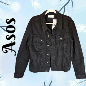 Asos Womens Trucker Black Denim Jean Jacket Sz L Front Medal Button Pockets